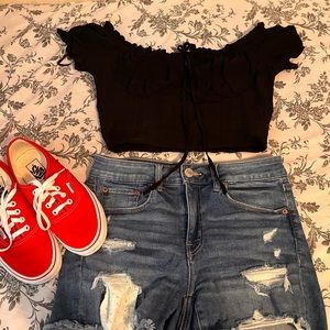 White fox over the shoulder crop top